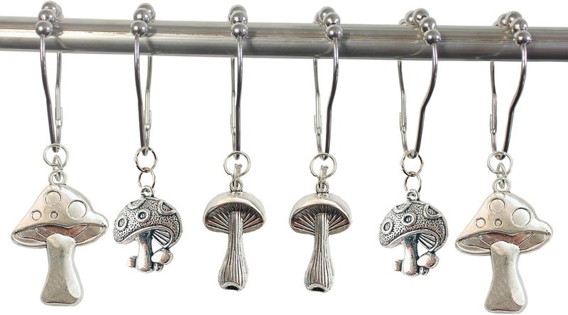 Daxingbu Mushroom Shower Curtain Hooks, 12Pcs Rustproof Metal Cute Retro Mushroom Shower Curtain Hooks Rings for Boho Fairy Forest Country Cottagecore Style Home Bathroom Decor (Silvery) - Image 5
